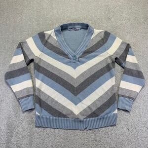 Liz Claiborne Womens Sweater Size Large Blue Gray White Stripe V Neck Button